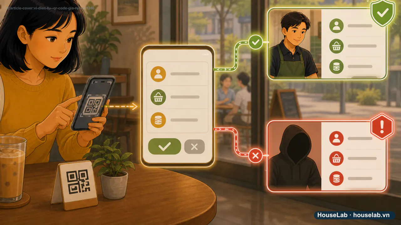 Ảnh bìa cảnh báo mã QR giả đổi đích thanh toán và cách đọc màn hình xác nhận trước khi chuyển